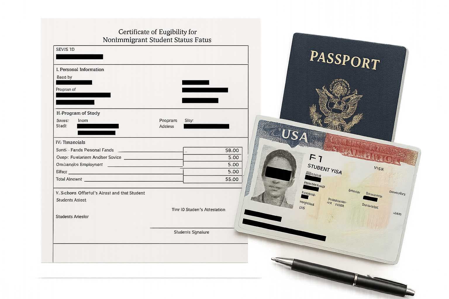 International student at an F-1 visa interview with a U.S. consular officer, presenting organized documentation