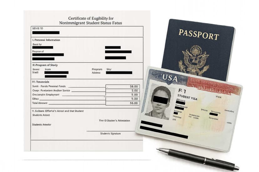 International student at an F-1 visa interview with a U.S. consular officer, presenting organized documentation