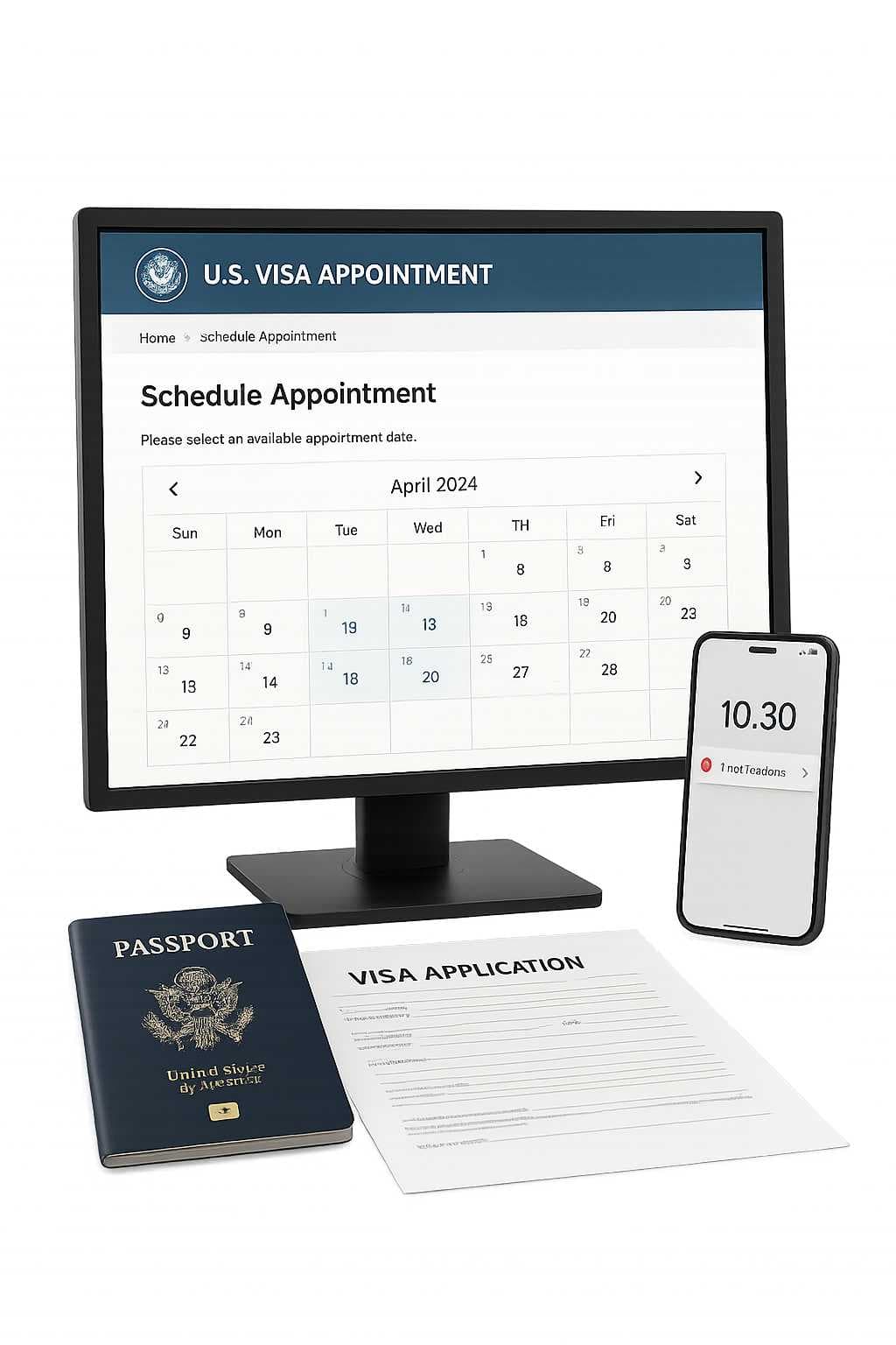 Computer screen displaying the U.S. visa appointment scheduling calendar interface with passport and application documents