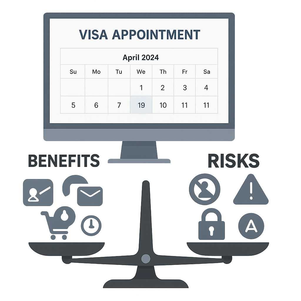 Balance scale showing the heavier risks outweighing the benefits of using third-party visa appointment tools