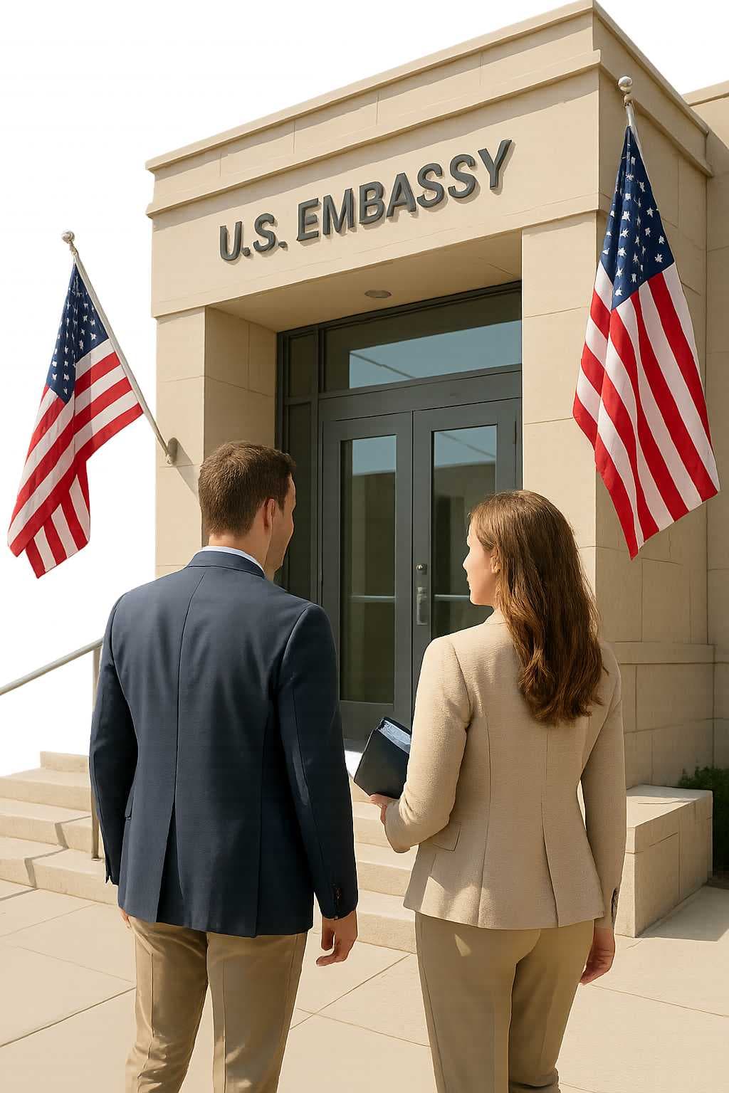 Couple preparing documents for CR1/IR1 spouse visa interview at U.S. Embassy