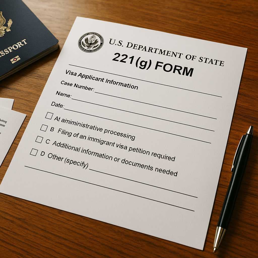 Close-up of a Section 221(g) visa refusal form showing administrative processing categories and documentation requirements.