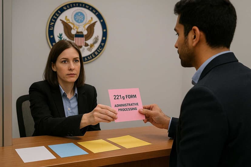 US consular officer handing a colored 221(g) slip to a visa applicant during an interview, with various colored administrative processing forms visible on the counter.