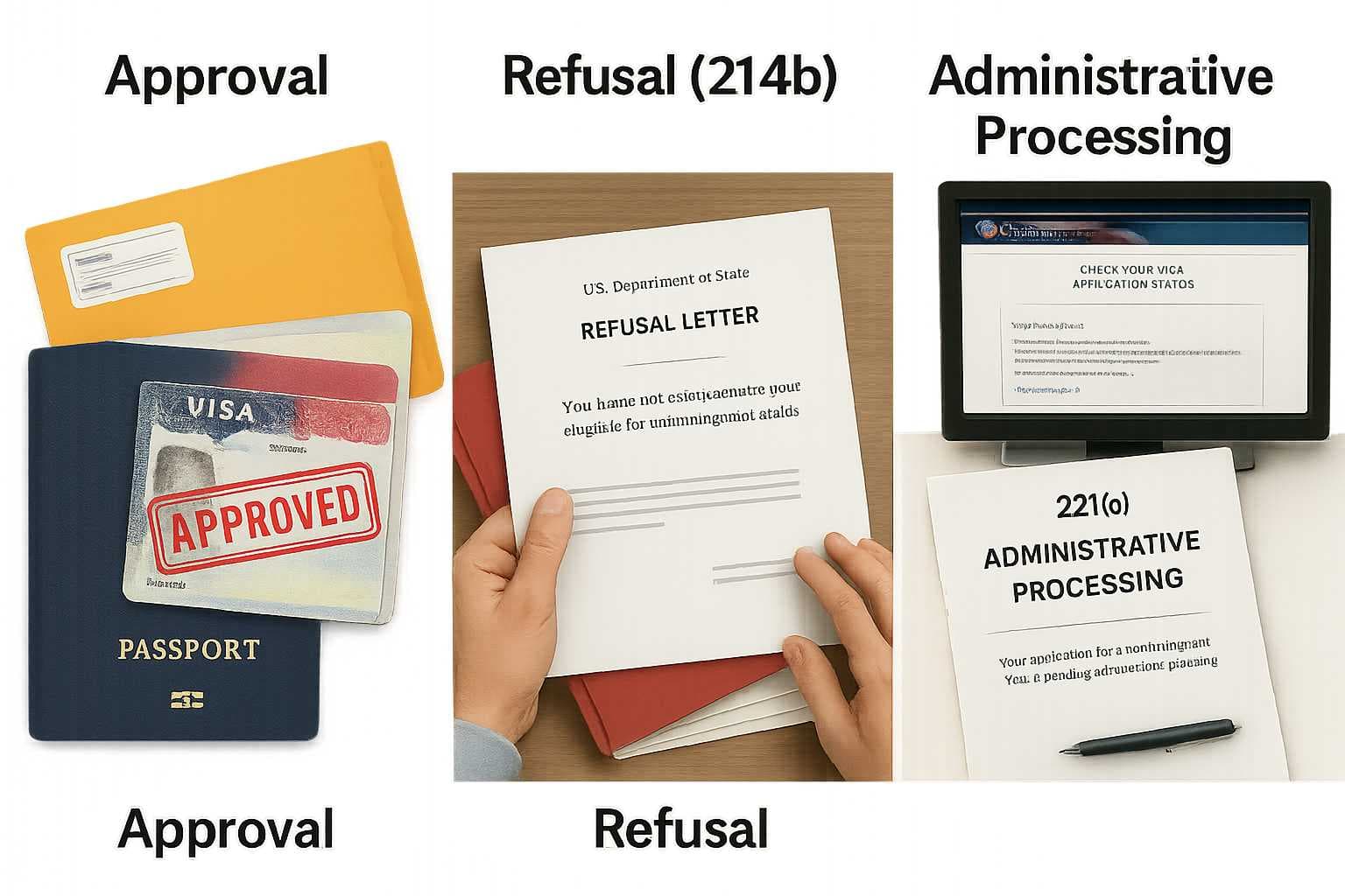 Visual representation of three F-1 visa interview outcomes: approval with visa in passport, 214(b) refusal letter, and 221(g) administrative processing notice