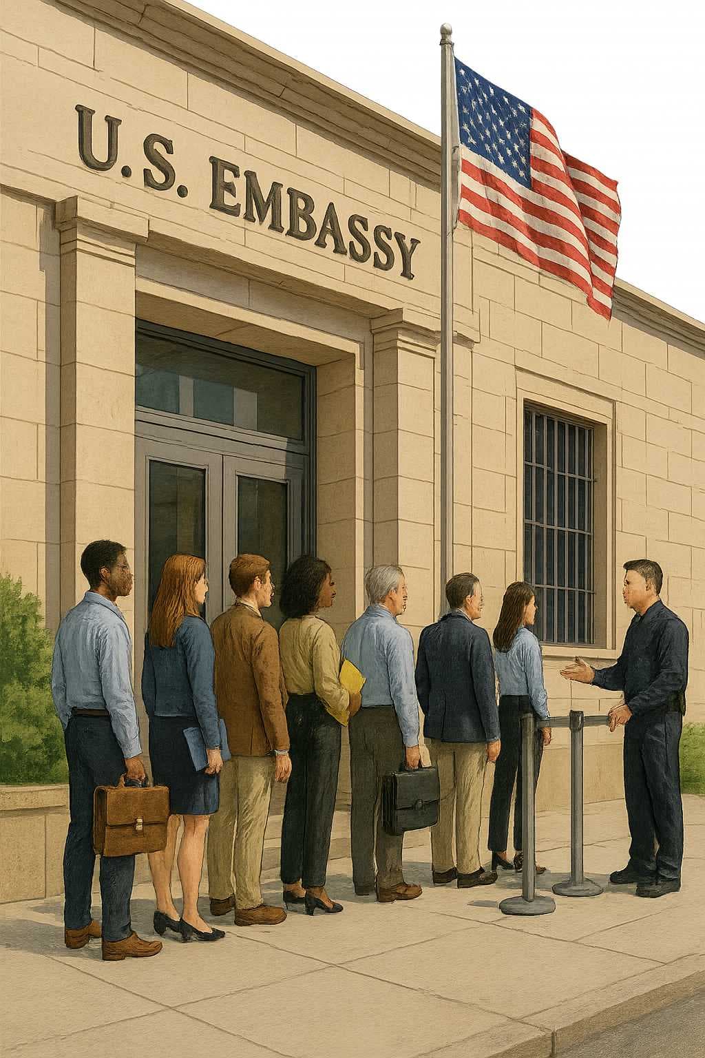 Applicants arriving at U.S. Embassy entrance for visa interviews, waiting in line at security checkpoint