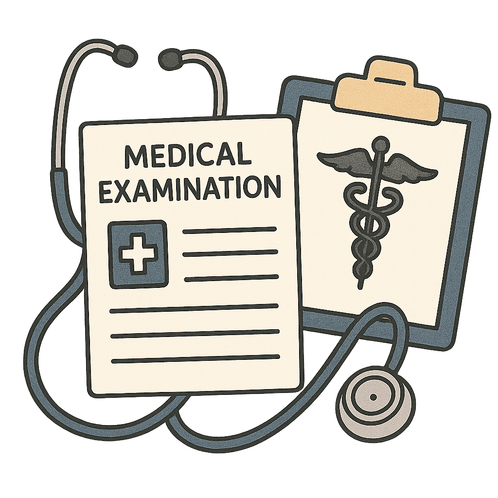 Medical form and stethoscope representing required immigration medical examination components