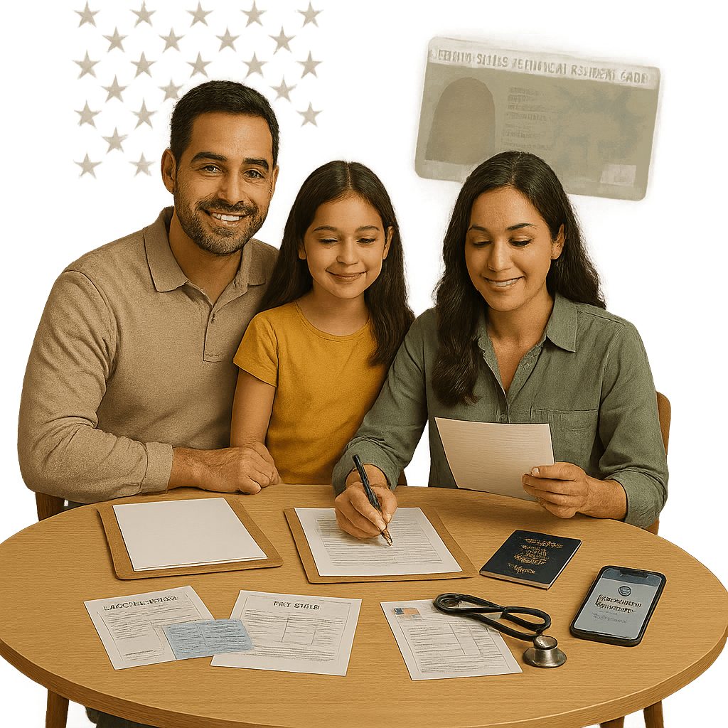 Smiling family reviewing immigration documents