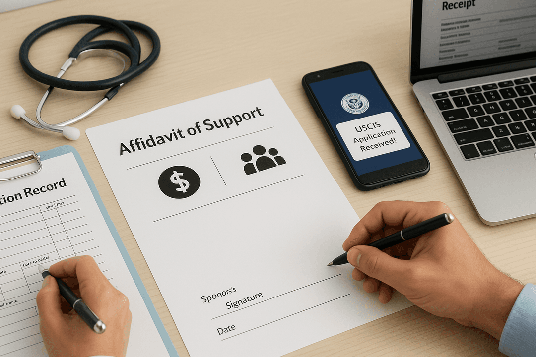 A sponsor signing an Affidavit of Support form, a doctor filling out a vaccination record, and a smartphone displaying a USCIS notification beside a laptop with a receipt page.